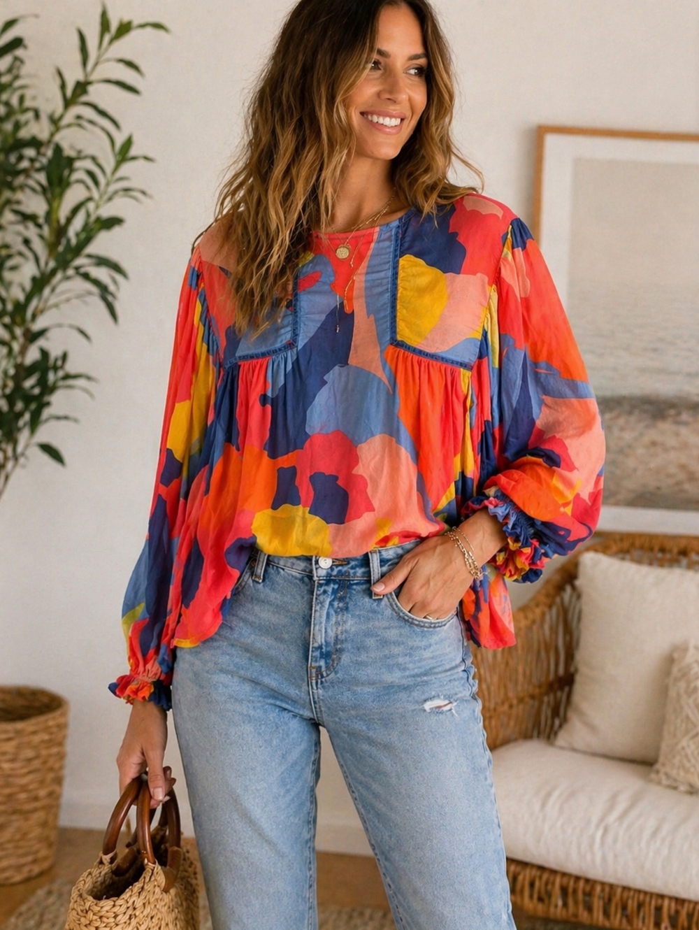 Blank London Colorful Abstract Blouse L Boho Babydoll Flowy Statement Top